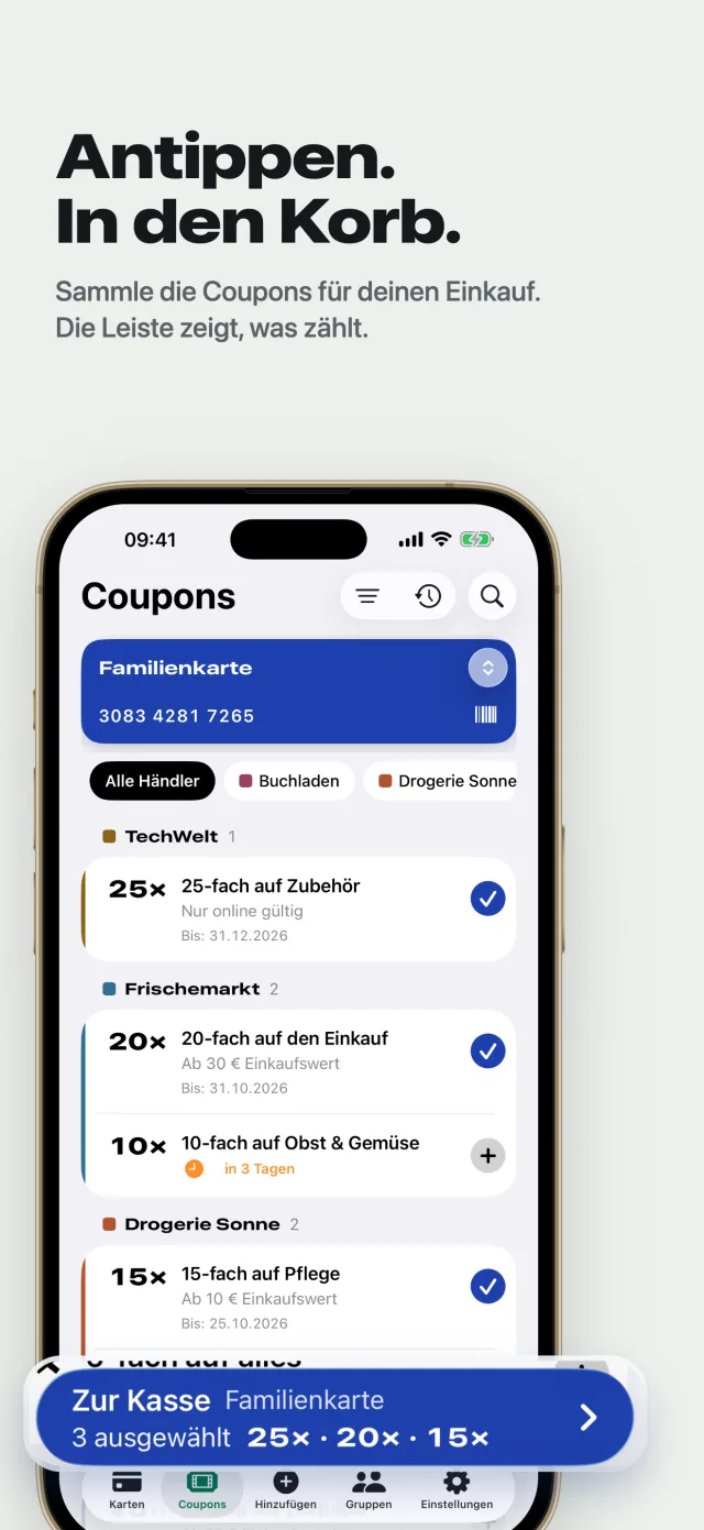 Coupons antippen und in den Warenkorb legen