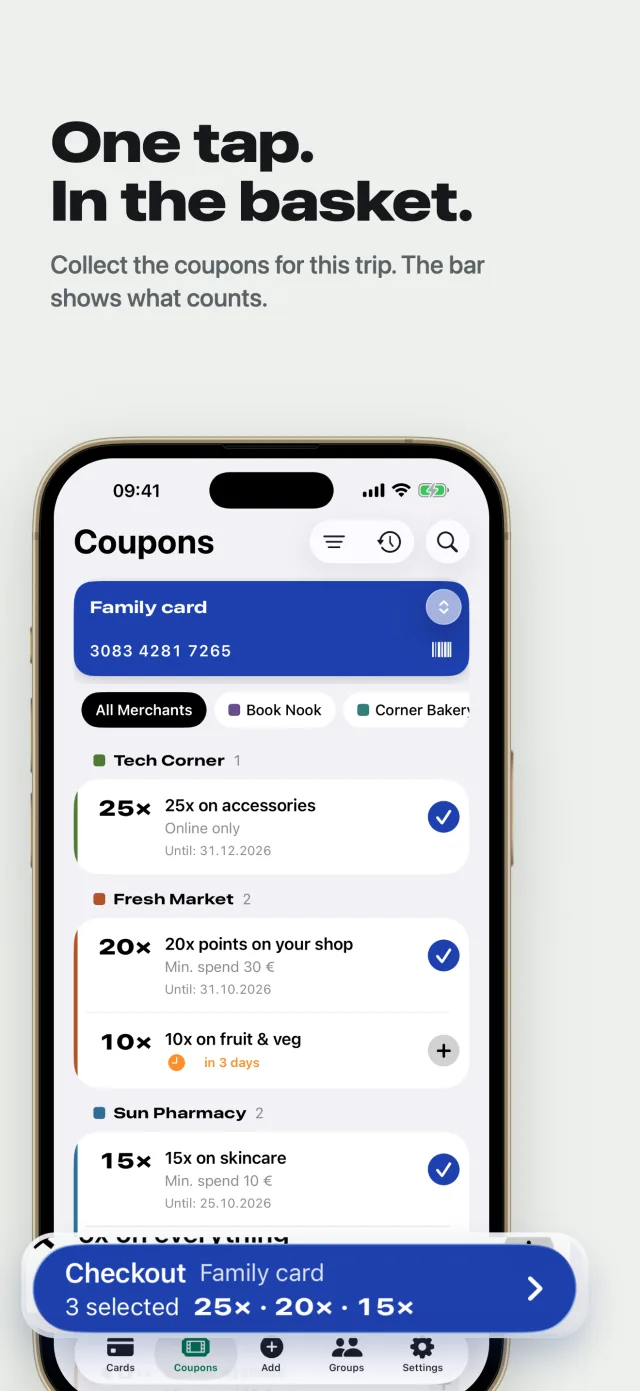 Tap coupons to add them to the basket