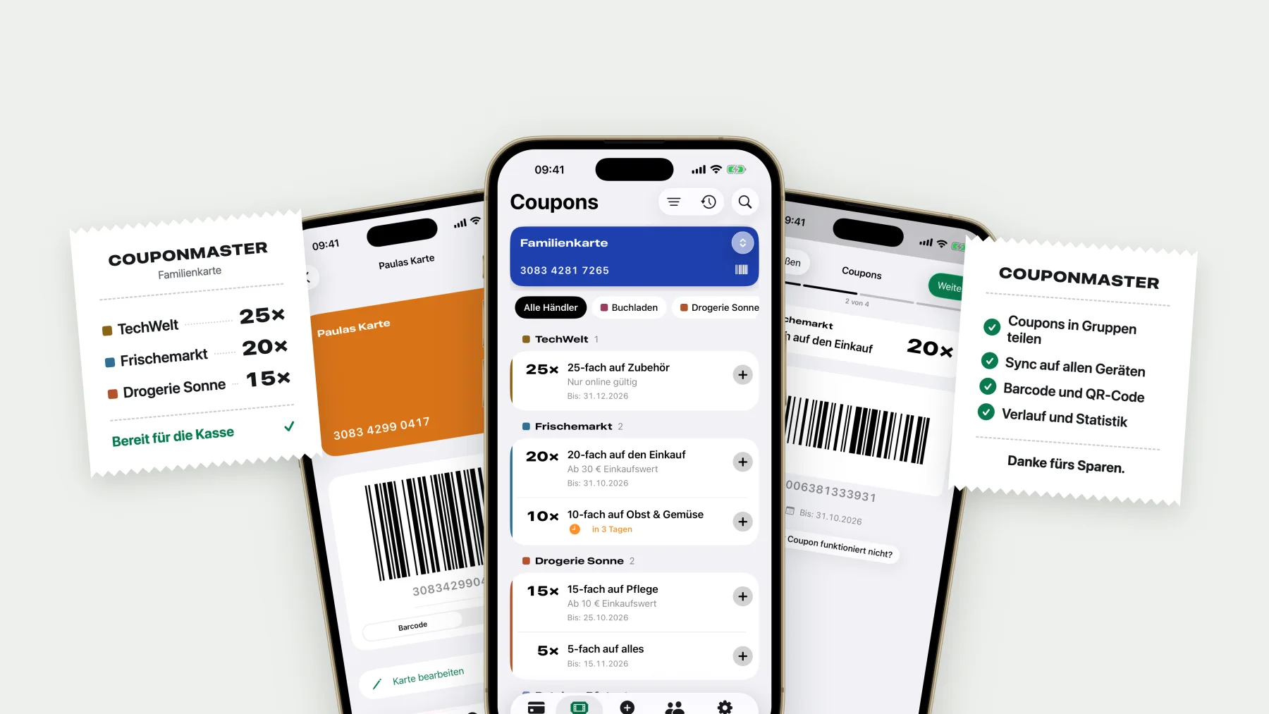 CouponMaster 4.0: Coupons nach Händler sortiert, als Kassenbon neben der App